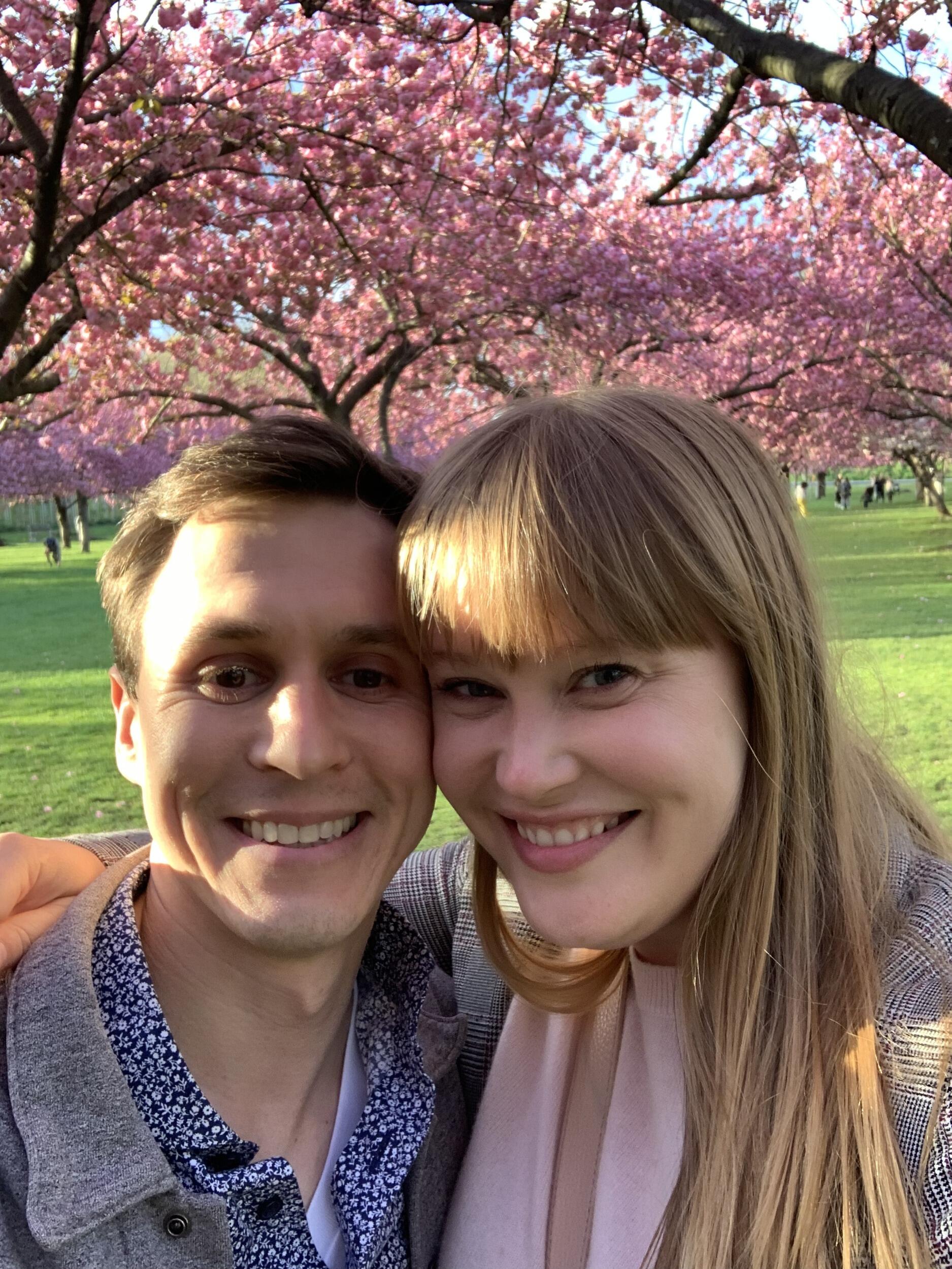 An early date under the blooming cherry blossoms. After getting told they couldn't set up a picnic they found a covert copse, as neither wanted to waste charcuterie and wine. 