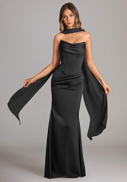 black shiny satin bridesmaid dresses Azazie Azazie Sorrel Chiffon in Dress Size:UK 4 (In-Rental) Sheath/Column Scoop Sequins Lace Occasion:festive-hues Metallic satin and glam