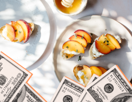 Collage of wedding food with hundred dollar bills