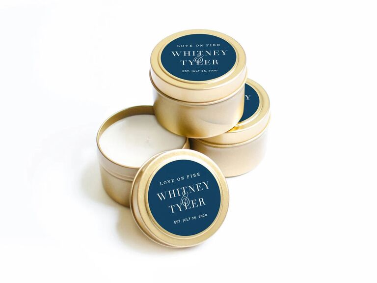 Soy wax candles in gold tin with custom label personalized wedding favor