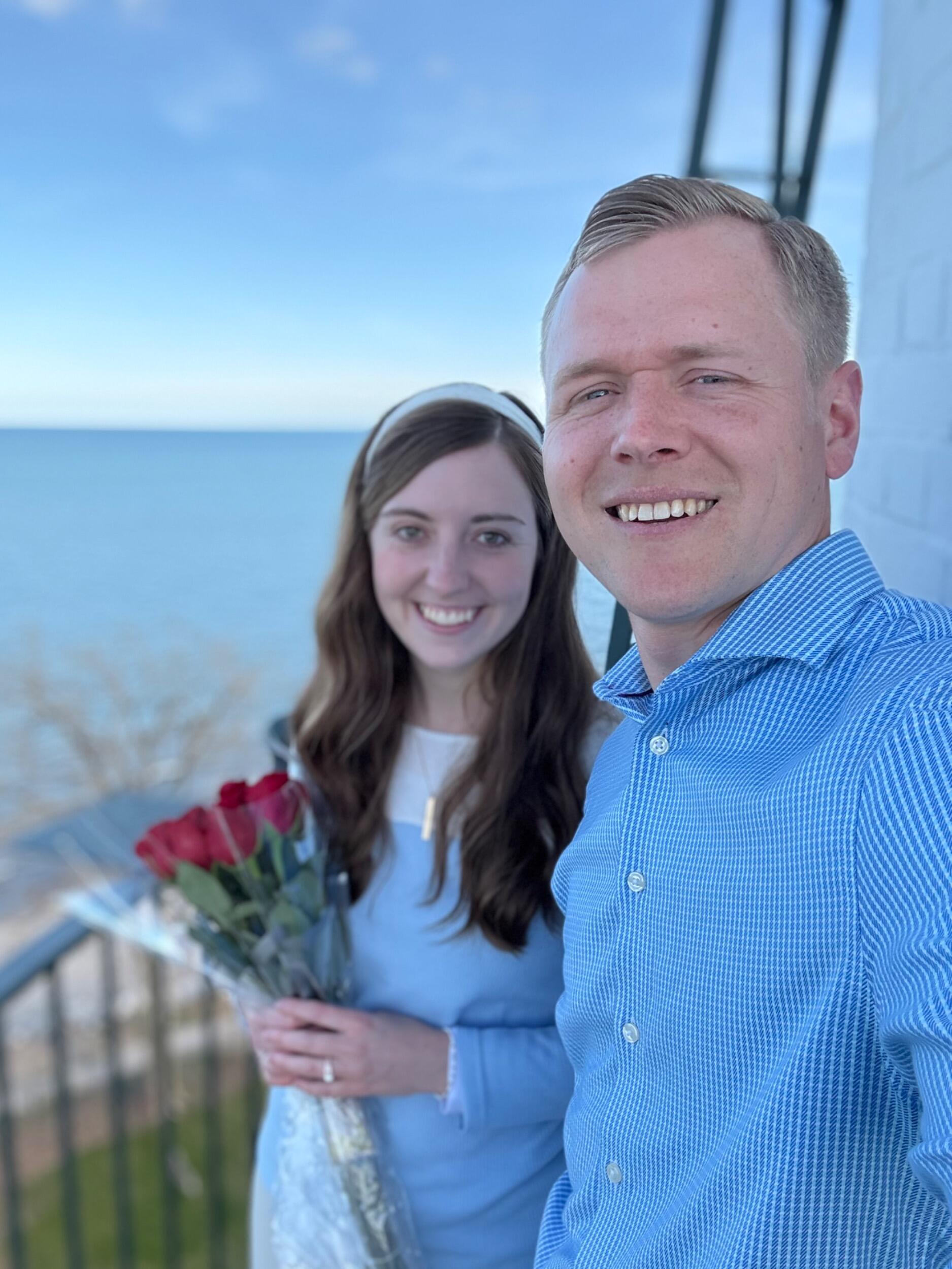Engaged on April 29th… a beautiful sunny April day! The wind died down and the sun came out just in time for a lovely top-of-the-lighthouse engagement. 