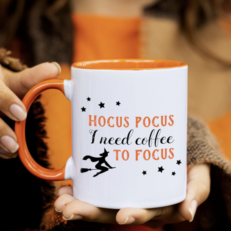 Hocus Pocus Modern Orange and Black Halloween Mug for bachelorette party favor