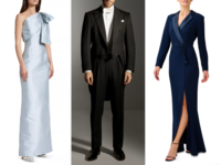 Collage of three white tie attire wedding outfits including evening tails and gowns
