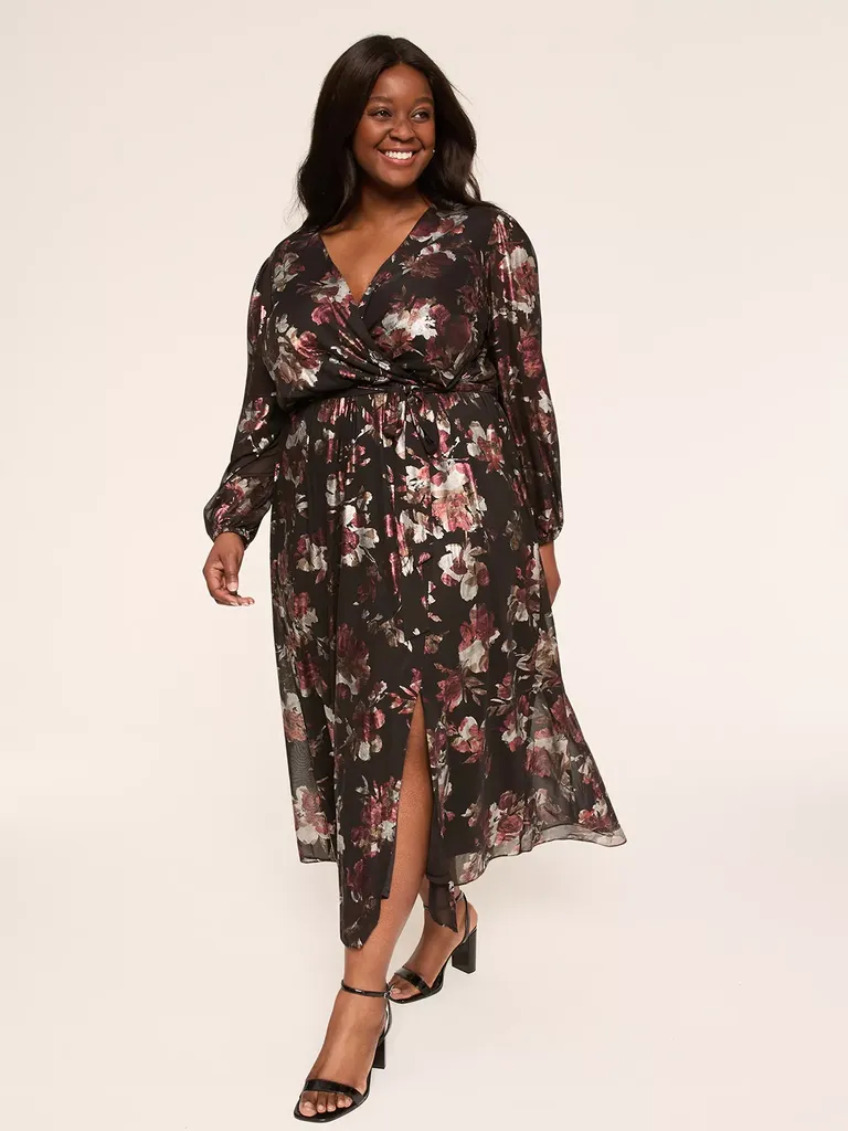 Foil shimmer wrap winter wedding guest dress from Lane Bryant