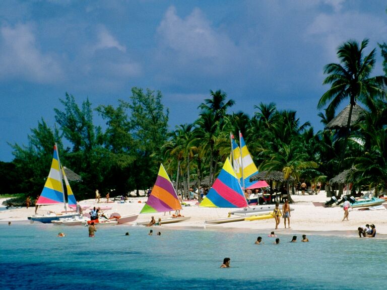 Colorful sails on a beach in Bahamas