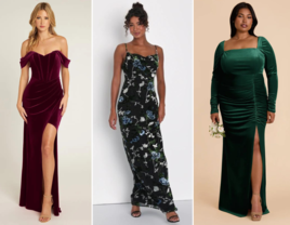 Collage of three velvet bridesmaid dresses 