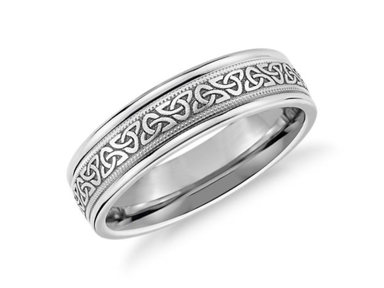 Celtic Trinity Knot Inlay Wedding Band in White Gold