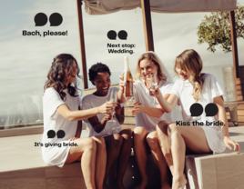 Bachelorette group toasting, surrounded by Instagram captions