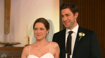 Jim and Pam (The Office) smile lovingly at one another on their crazy wedding day. We Do Charleston