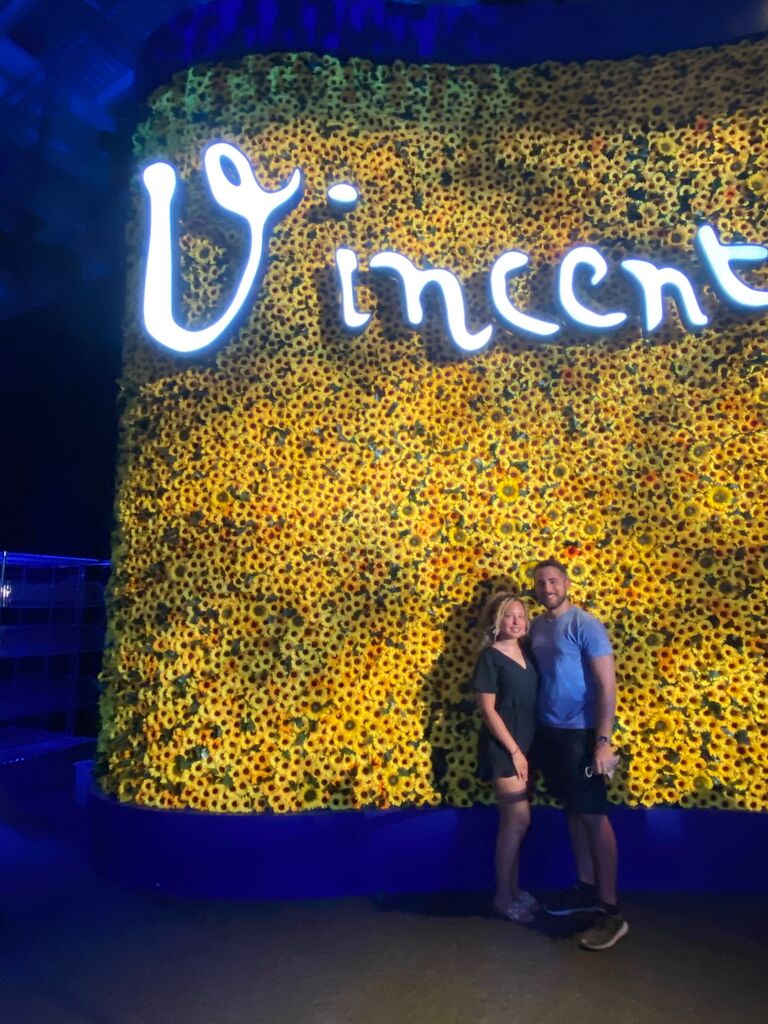 Josh and Stacey enjoy seeing art enhibits and installations on dates. This was taken at the Vincent Van Gogh exhibit in NYC. 