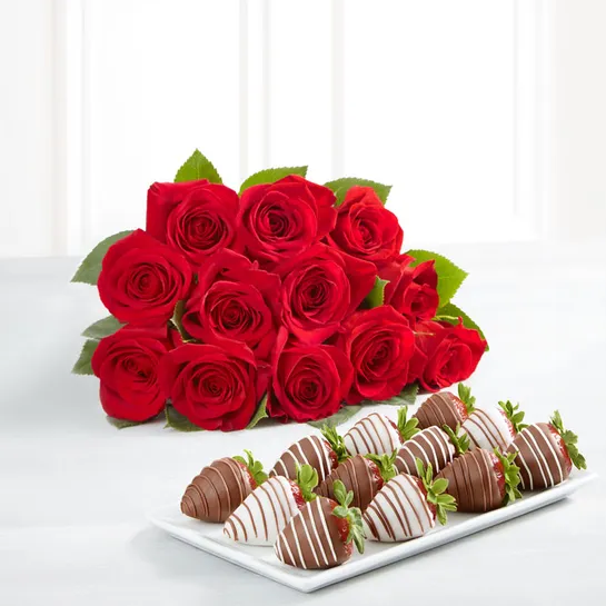 Bouquet of red roses and chocolate-covered strawberries from 1-800 Flowers