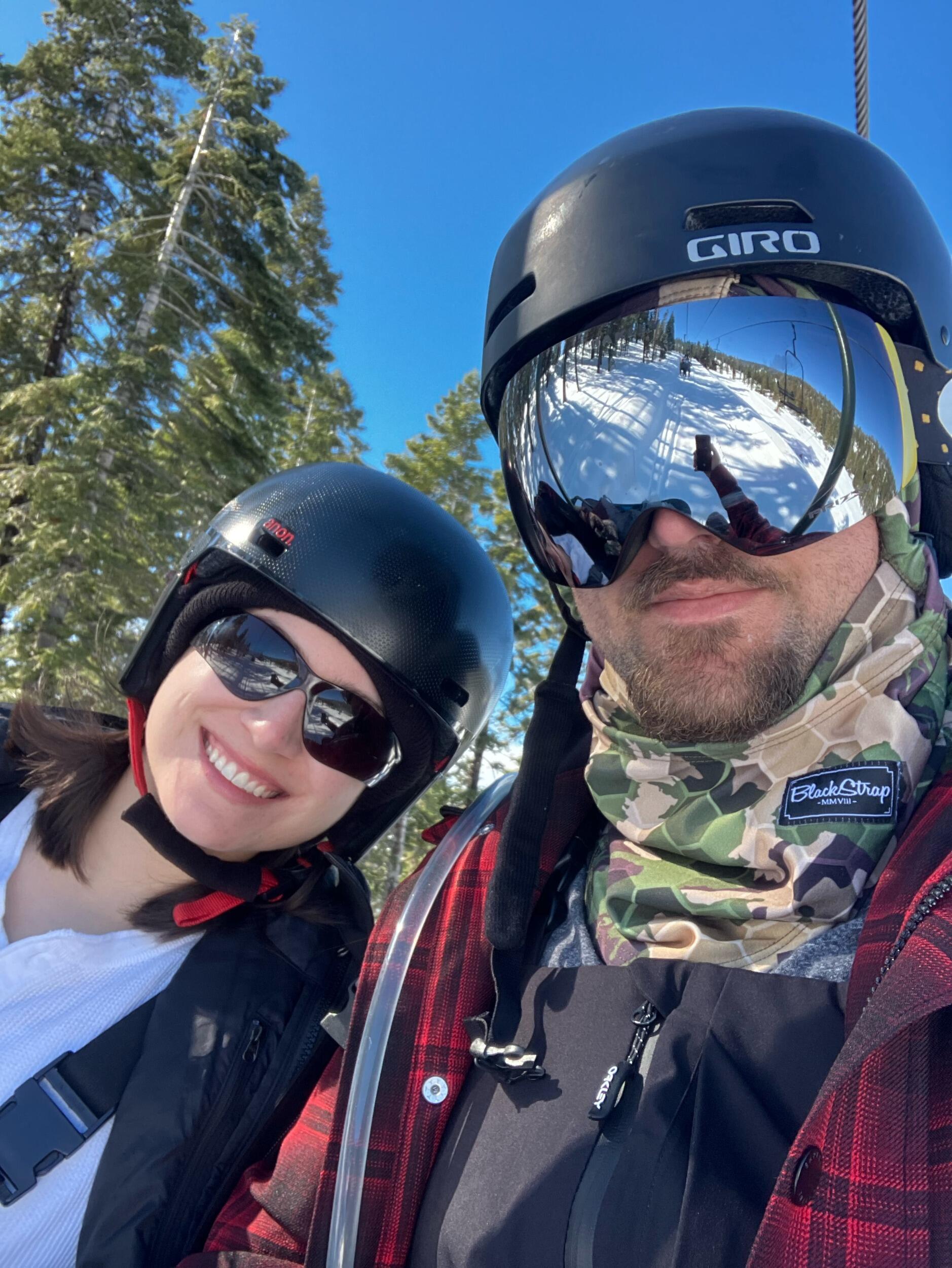 John teaching Rachel to snowboard while visiting the Greco Pine Mountain Lake cabin. 