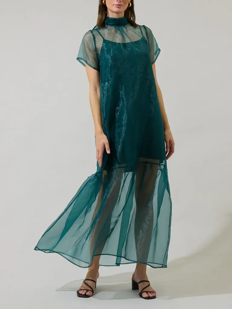 Emerald organza mock neck wedding guest dress winter from Sugarlips