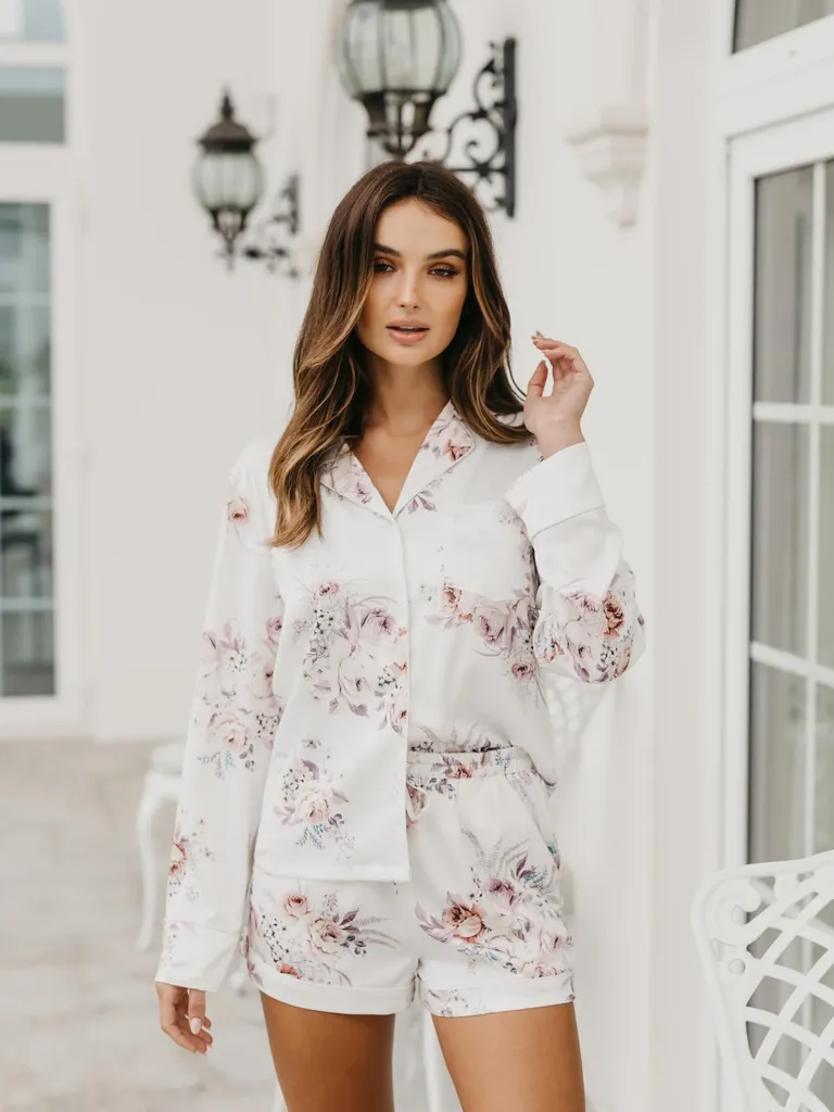 White pastel floral satin short bridesmaid pajama set