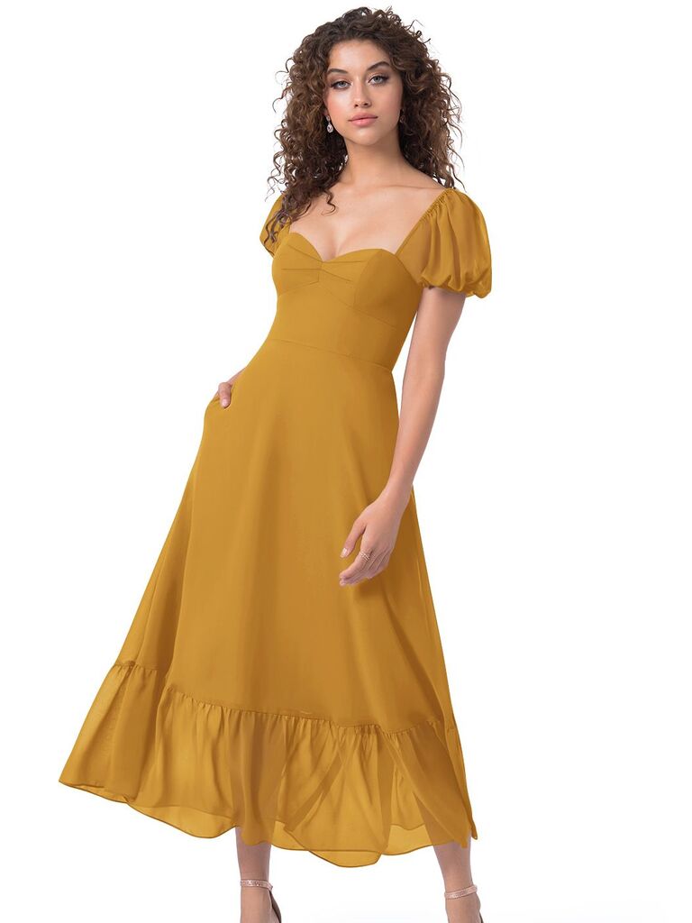 Azazie citrine-inspired jewel-tone bridesmaid dress with short puffed sleeves and tiered skirt
