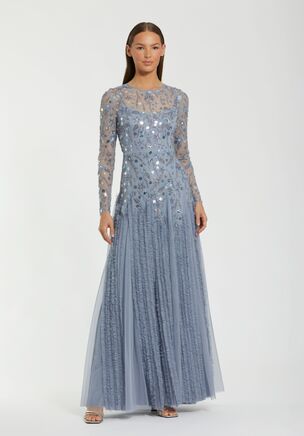 Mac Duggal
Embellished mesh fabric (100% polyester)
Fully lined skirt; partially lined bodice; unlined sleeves
Illusion crew neckline
Sheer embellished long sleeves
Hand-sequined floral and scattered crystal motif throughout
Fitted bodice with illusion detailing
Floor-length A-line skirt with vertical ruffle tulle panels
Concealed back zipper
Approx. 60" from top of shoulder to bottom hem
Available in Slate Blue
Style #9357