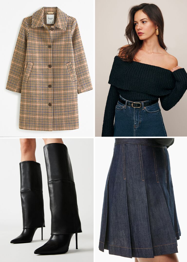Outdoor winter engagement photo outfit: plaid coat, black off-shoulder sweater, black boots, denim skirt