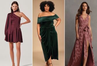 Collage of three affordable wedding guest dresses.