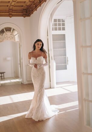 Bronx — lace embellished mermaid silhouette with corset and thin straps, complemented by detachable lace long gloves.