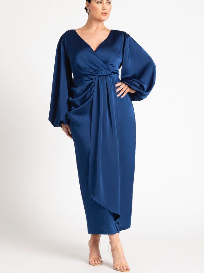 ELOQUII satin puff sleeve rehearsal dinner guest dress