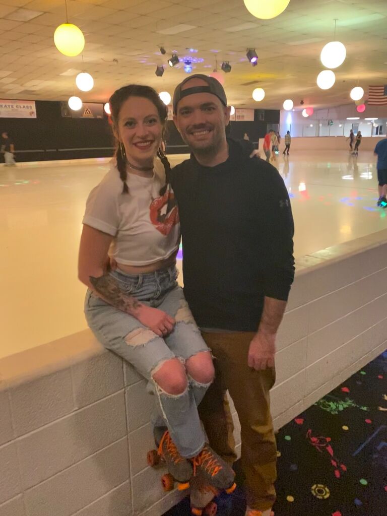 Rachel kept falling, Joey kept helping her up on the skates. 