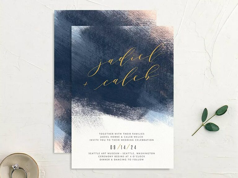 Dark blue brushstrokes with names in gold calligraphy