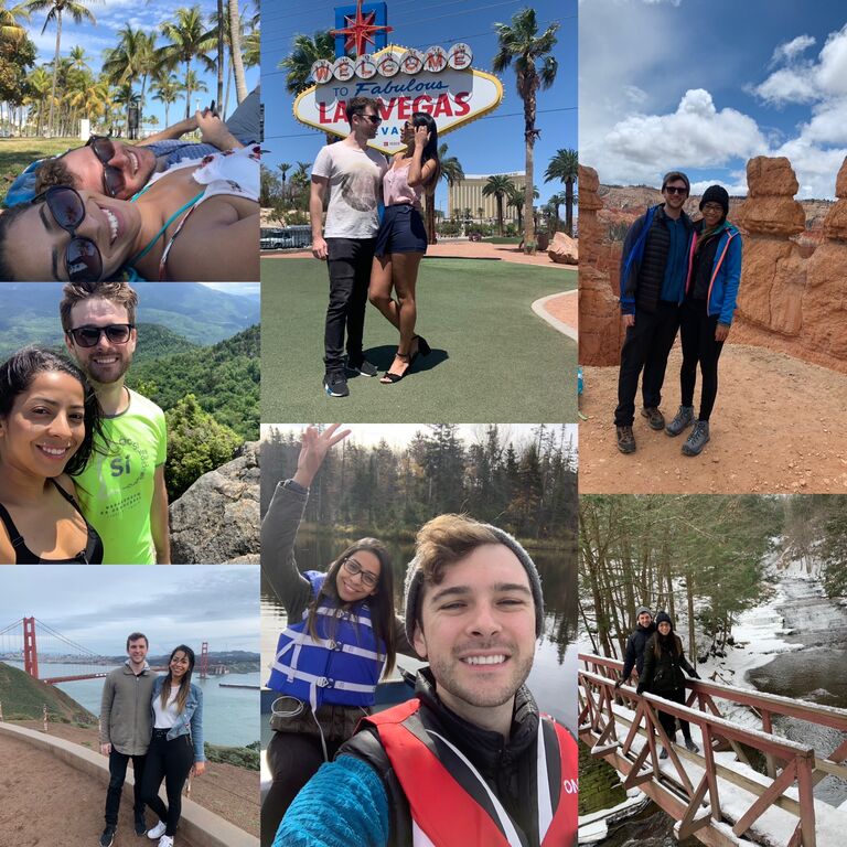À medida que os dias de inverno ficavam frios e escuros, Amanda e Andrew sabiam que tinham que escapar e explorar o mundo juntos. Então, partiram para o ensolarado estado da Flórida, mergulhando com snorkel, saboreando bebidas e festejando a noite toda. Esse foi o primeiro de muitas viagens juntos, com memórias de cada um, como ver golfinhos flertando nas Florida Keys, fazer trilhas no Grand Canyon, experimentar todas as tortas de limão que encontravam, Amanda ficando terrivelmente doente em uma área remota de Utah (sua alma quase saiu do corpo depois de uma caminhada nas Hoodoos, sorte que Andrew alugou uma cabana e a reconfortou com uma pizza Navajo), e o que acontece em Vegas fica em Vegas! Uma viagem que nunca esquecerão foi quando se encontraram na Califórnia em março de 2020, dirigindo pela costa enquanto o mundo se fechava ao seu redor. Em meio a tudo isso, mesmo durante esses tempos assustadores e incertos, sempre havia risos e felicidade um no outro, e a certeza de que, enquanto estivessem juntos, tudo ficaria bem.