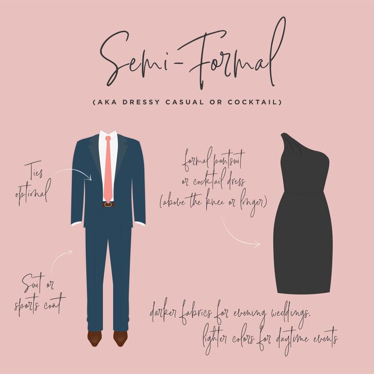 Rehearsal Dinner - Cocktail Attire. We suggest that men wear a suit or dress shirt and women wear a knee-length or midi dress. Women are also welcome to wear a pantsuit or a blouse paired with a skirt or tailored pants. 
