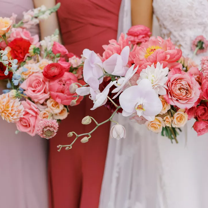 Ranunculus, rose and orchid pink-toned bouquets