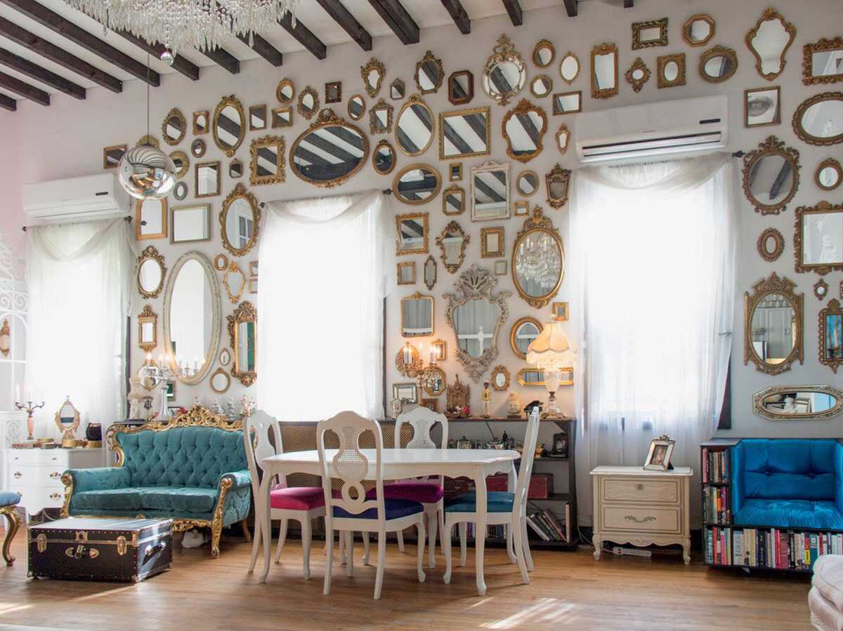 Wall of Mirrors, table and sofa at the Love Shack