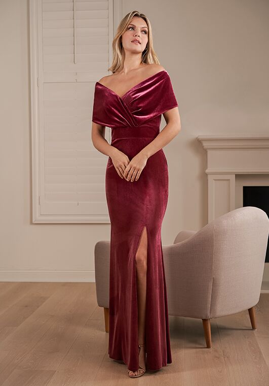 portrait neckline bridesmaid dresses B243012_Magnificent Poly Chiffon Gown with Short Bubble Sleeves and  Gathered Waistband