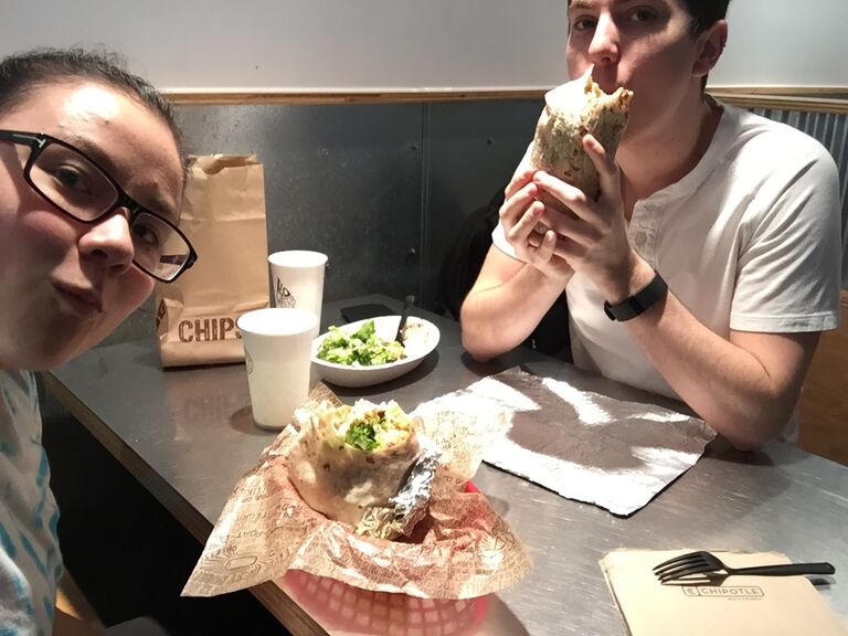 Joe and Tori enjoy two of MANY burritos shared at Chipotle.