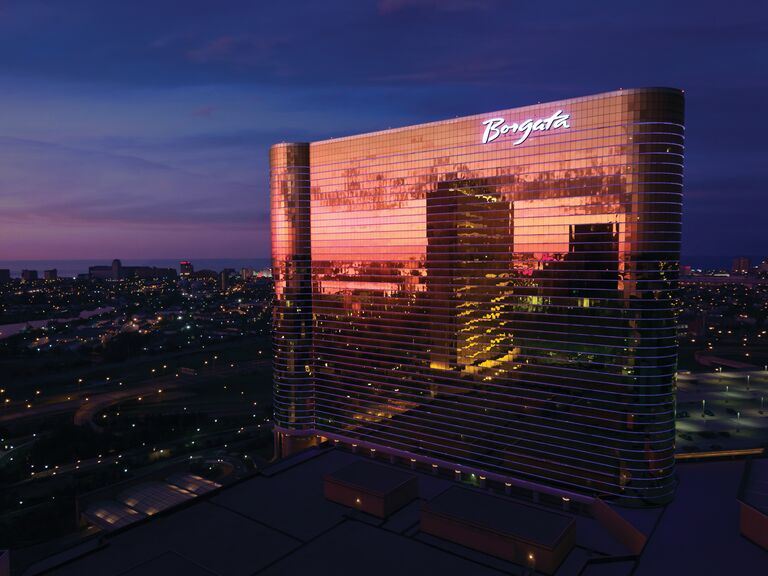 Exterior of Borgata Hotel, Casino and Spa in New Jersey at night 