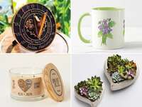 Four 50th anniversary gifts: sundial, violet mug, map candle, mini succulents