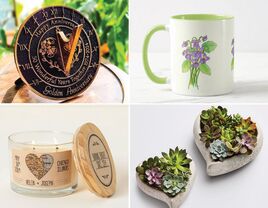 Four 50th anniversary gifts: sundial, violet mug, map candle, mini succulents