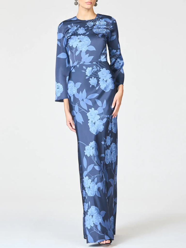 Blue floral satin long sleeve black tie option dress from Sachin & Babi