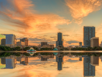 Orlando skyline at sunset, orlando engagement locations