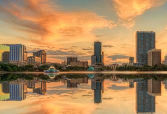 Orlando skyline at sunset, orlando engagement locations