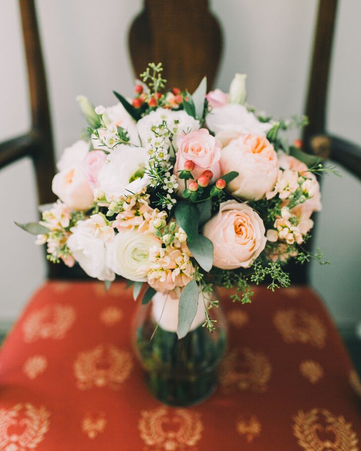 Pink, Peach and White Bouquet With Ranunculuses and Roses