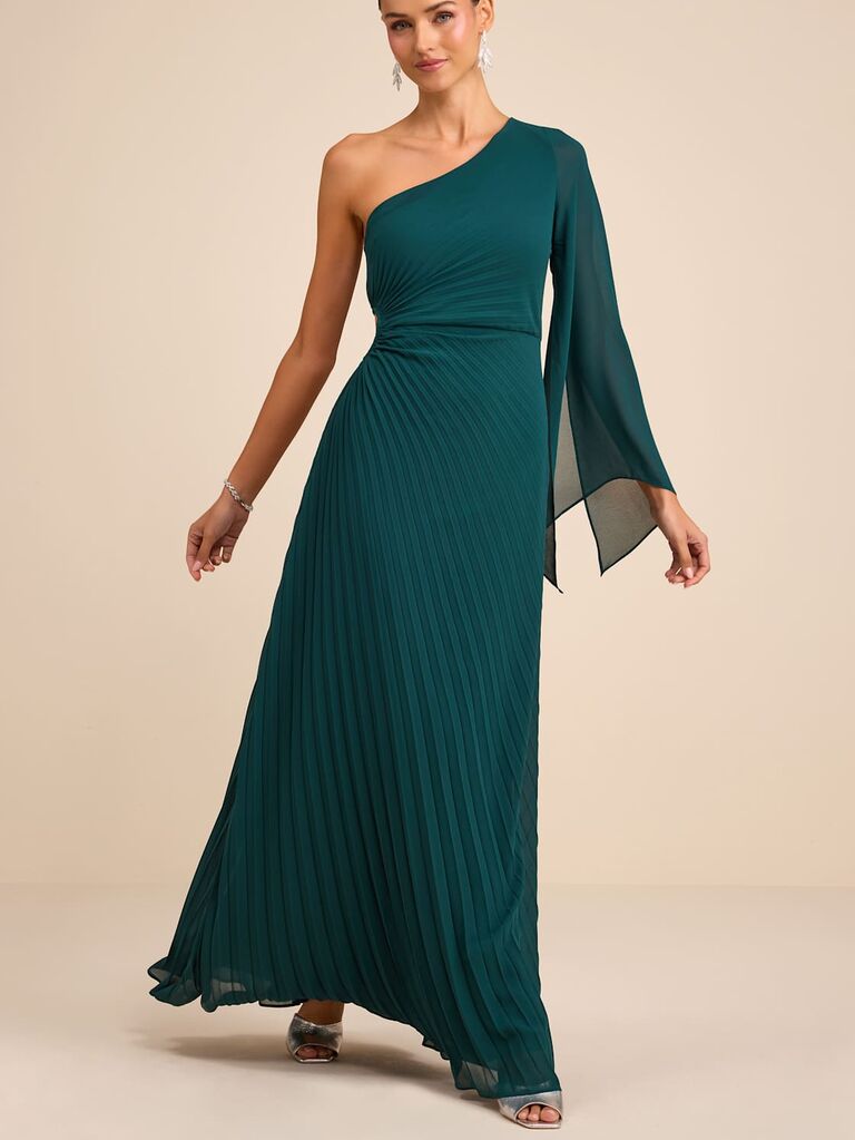 Lulus pleated one-shoulder dark green wedding guest dress