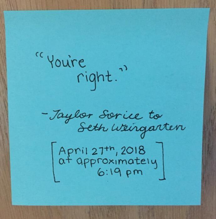 A crucial moment in our relationship, documented on a Post-It note.