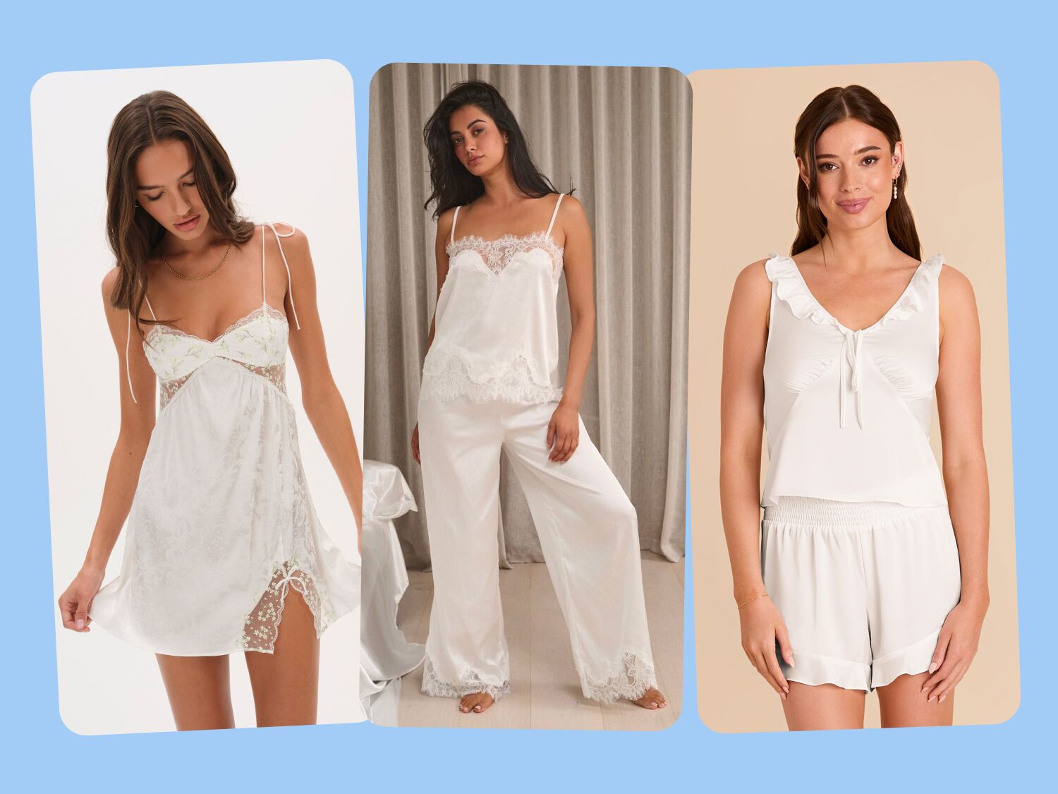 Collage of models wearing bridal pajama sets