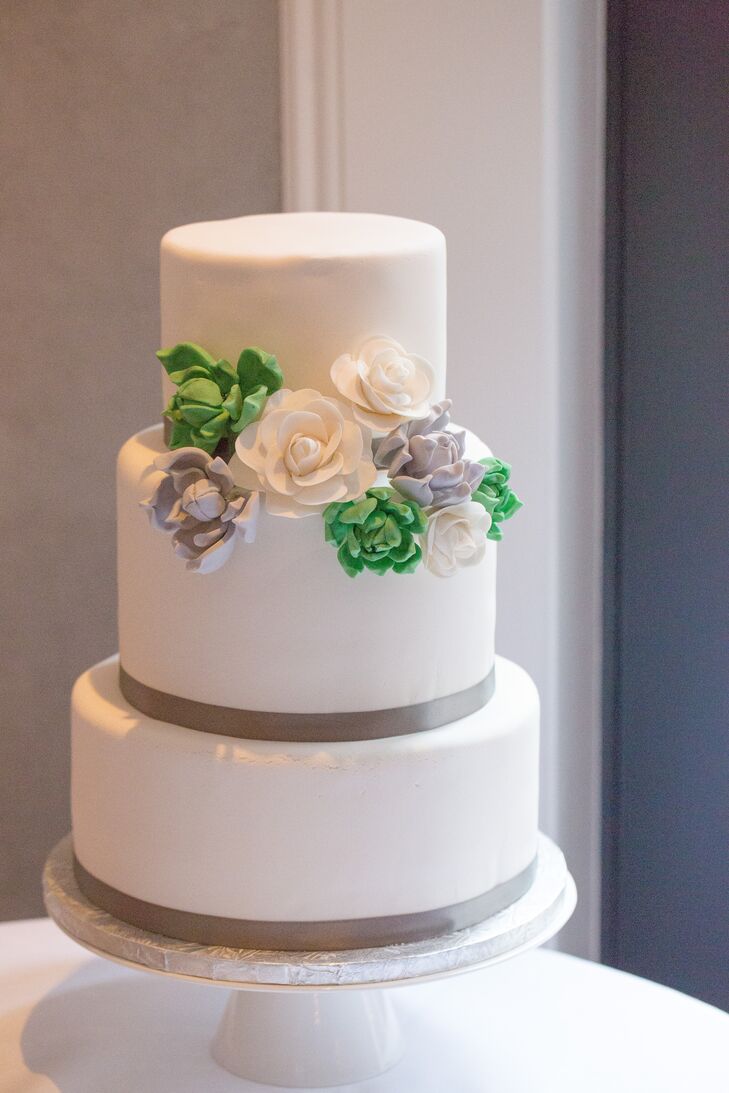 Classic White Wedding Cake With Green And Gray Sugar Flowers