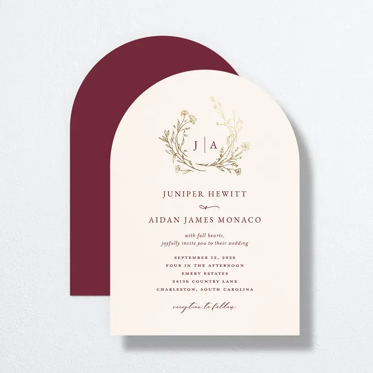 Maroon and gold floral wedding invitations from The Knot