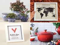 Collage of four 2nd anniversary gift ideas: porcelain planters, custom world map, Le Creuset pot, personalized framed art