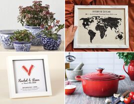 Collage of four 2nd anniversary gift ideas: porcelain planters, custom world map, Le Creuset pot, personalized framed art