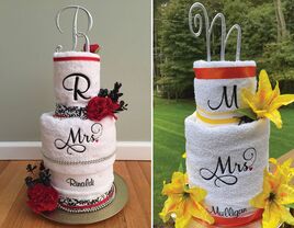 Two emroidered bridal shower towel cakes 