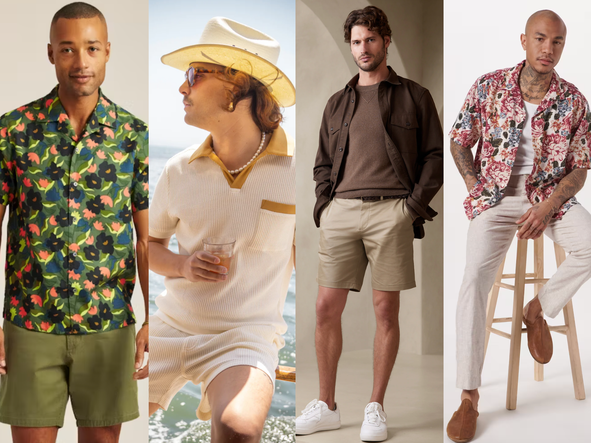 Collage of four mens vacation outfit ideas 