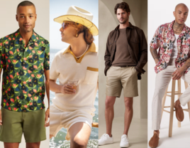 Collage of four mens vacation outfit ideas 