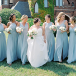 Bridesmaids with various hairstyles including braids, updos, and half up